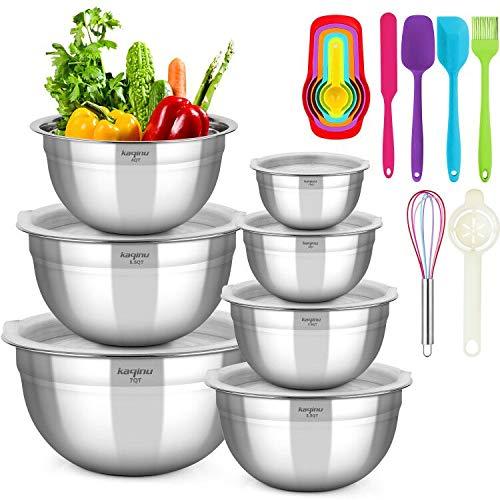 Mixing Bowls with Lids, KAQINU Stainless Steel Metal Nesting Mixing Bowls Set (13 pcs)for Space Saving Storage, Easy Grip & Stability Design Versatile for Cooking, Baking, Prepping