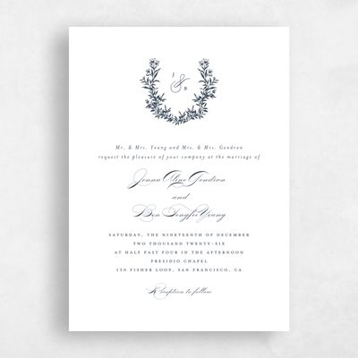 Grayed Navy, White Wedding Invitation - Vienna Portrait