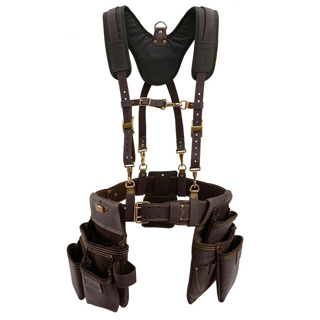 OX Pro Construction Tool Belt with Suspenders - 22-Pocket Leather Tool Belt Pouches - (XL) Made of Oil-Tanned Leather with Double-Stitching and Steel Rivets OX-P263603