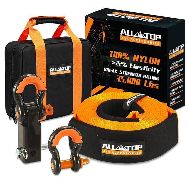 ALL-TOP Nylon Recovery Kit with Hitch Receiver: 3" x 20' (35,000lbs) 100% Nylon Snatch Strap + 2" Shackle Hitch Receiver + 3/4 HD Shackles (2pcs) with Isolator + Storage Bag