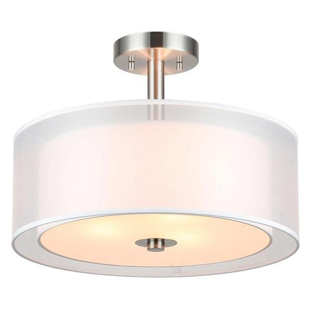 XiNBEi Lighting Semi Flush Mount Ceiling Light, 3 Light Close to Ceiling Light with Fabric Shade, 16" Drum Semi Flush Ceiling Light in Brushed Nickel for Living Room & Bedroom XB-SF1194-BN