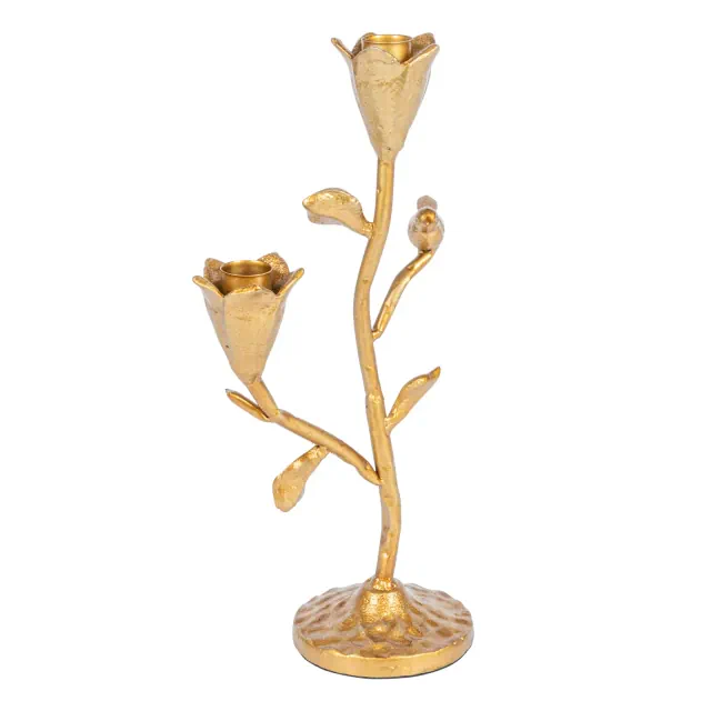 Storied Home Tall Hand-Forged Cast Iron Candelabra with Flowers and Bird, Gold
