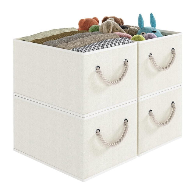 Coyacool Fabric Storage Bins 4-Pack, Collapsible Storage Baskets for Organizing Toys, Books, Shelves, Closet, Linen Storage Boxes, Decorative Storage Baskets with Rope Handles, White