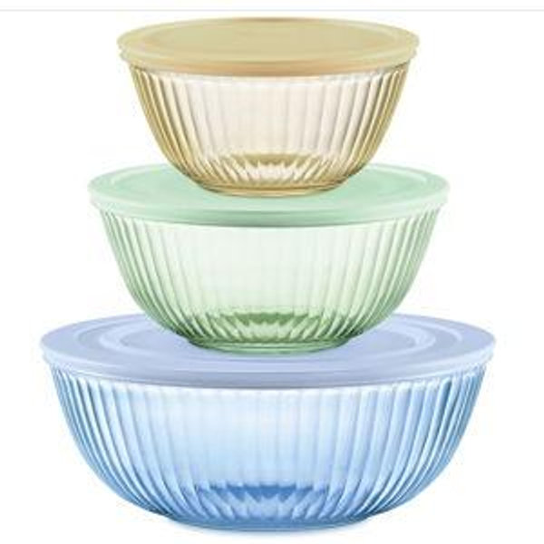 Pyrex Colors Tinted (3-Pack, Full Set) Sculpted Tinted Glass Mixing Bowls With Lids, Nesting Space Saving Set of Bowls For Prepping and Baking, 1.3QT, 2.3QT & 4.5Q