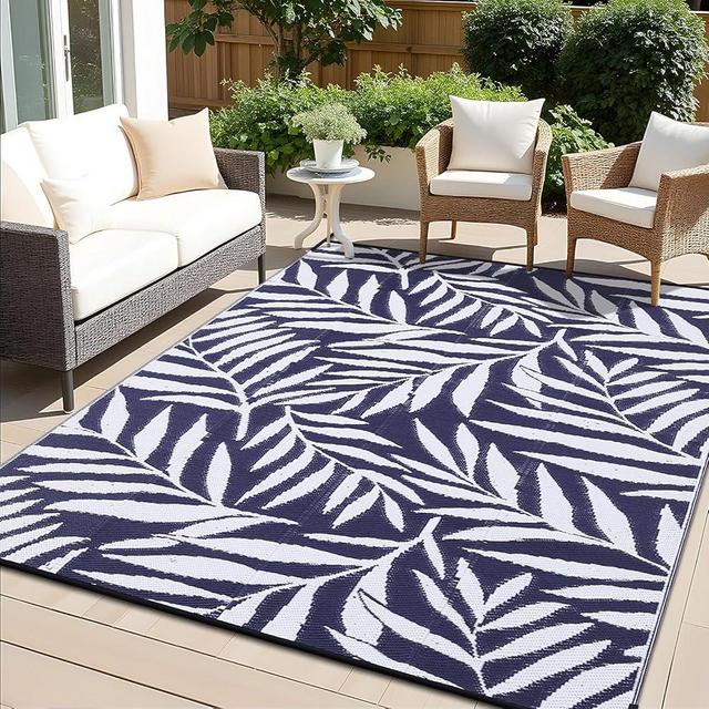 OLANLY Waterproof Outdoor Rug 6x9 ft, Reversible Patio Rug, Outdoor Plastic Straw Rug with Leaf Pattern, RV Mat, Indoor Outdoor Carpet for Patio, Camping, Balcony, Deck, Backyard, Navy & White