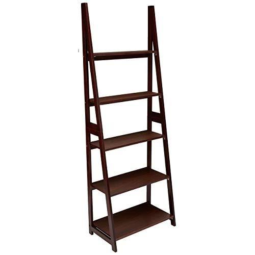 AmazonBasics Modern 5-Shelf Ladder Bookcase Organizer with Solid Rubber Wood Frame - Espresso