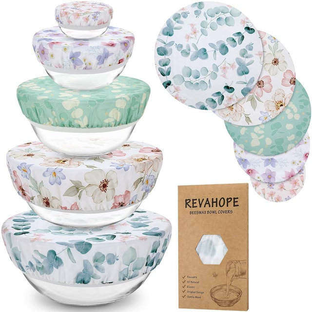 Revahope 5-Size Beeswax Bowl Covers for Bread Proofing, Cotton Cloth Flexible Beeswax Wraps for Food Storage