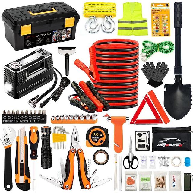 AUTODECO 98 PCS Roadside Car Emergency Assistance Kit with Portable Air Compressor Jumper Cables Safety Hammer All in One Pliers Tool Set