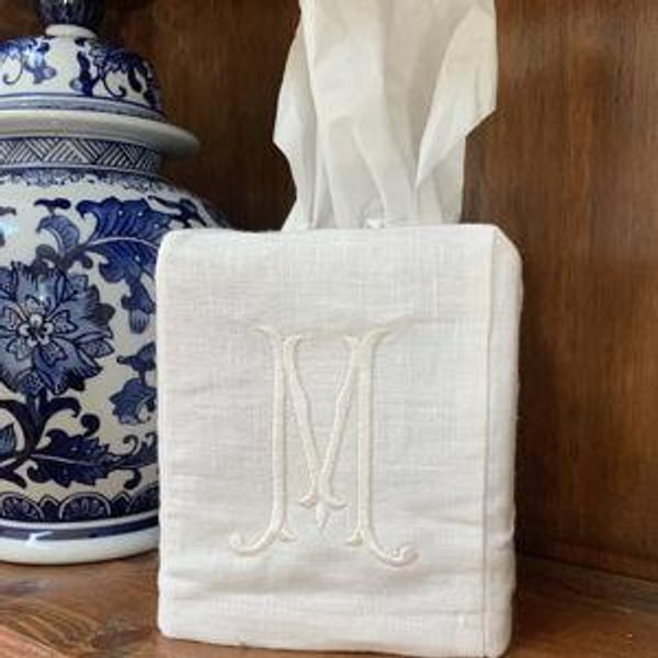 Monogrammed Linen Tissue Box Cover 'W'