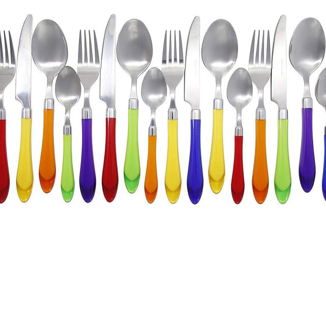 The Original Brink House Rainbow Mix & Match Stainless Steel Cutlery Set with Translucent Handles / 16 pieces with Metal Stand/Lifestyle utensils set for home, first apartment, dorm, outdoor events