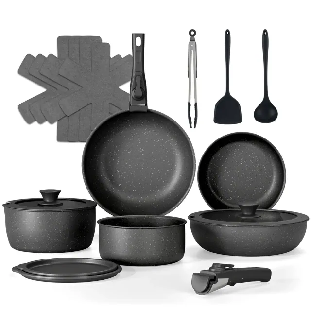 SUGIFT 18-Piece Ceramic Nonstick Cookware Set with Detachable Handles – Space-Saving & Oven Safe