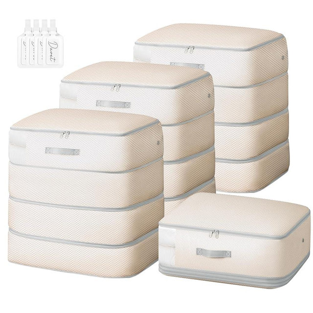 Easortm Comforter Storage Bag - 130L Large Capacity Blanket Storage Bags 4-Layer Ultra Space Saving Self Compression Organizer, Washable Compression Bags for Storage Comforter Blanket, 4-Pack, Beige