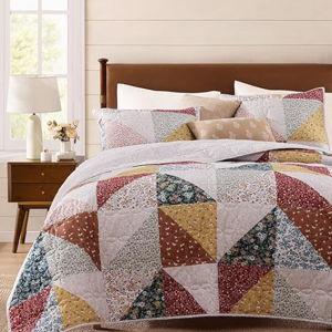 Quilt Set King Size, Patchwork Burnt Orange Floral Quilt Sets, Reversible Bedspread Lightweight and Breathable for All Seasons, Soft Quilted Bedspread with 2 Pillow Shams