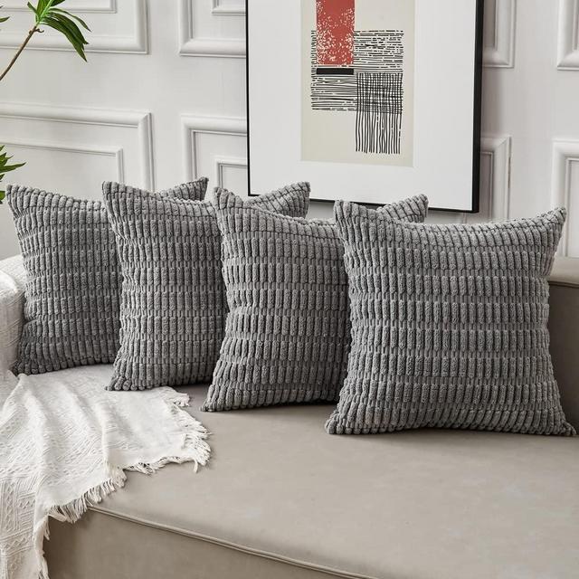 Junfawn Set of 4 Decorative Throw Pillow Covers 18 x 18 for Couch Sofa Bed, Soft Boho Striped Corduroy Cushion Cases for Living Room Decor, Grey