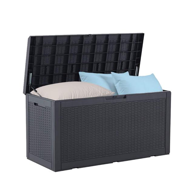 BLUU 100 Gallon Outdoor Deck Box with Cushion for Outdoor Pillows, Pool Toys, Garden Tools, Furniture and Sports Equipment| Waterproof Cabinet | Black | Lock Included