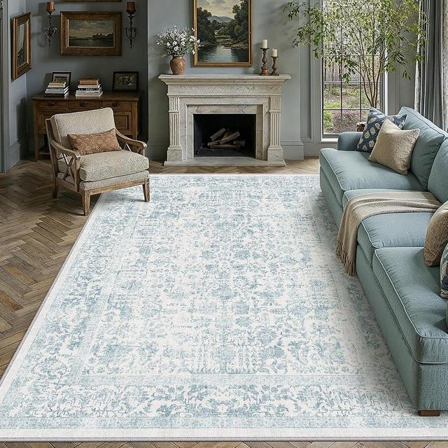 PureCozy Blue Area Rug 8x10 Soft Washable Large Vintage Living Room Distressed Non Slip Carpet Traditional Indoor Bedroom Retro Floral Accent Throw Rug for Office Kitchen Dining Room