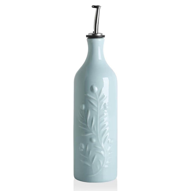 Sweejar Large Olive Oil Dispenser Bottle with Spout, 24 Oz Ceramic Oil Dispenser for Kitchen, Relief Opaque Cruet, Container for Cooking, EVOO, Vinegar, Pack of 1 (Light Blue)