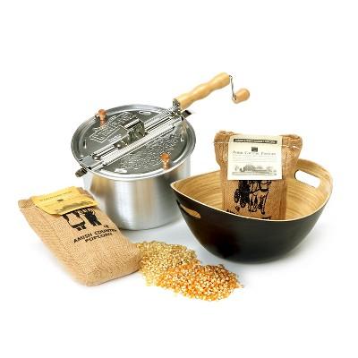 Whirley-Pop Original Stovetop Popcorn Popper with Handcrafted Bamboo Bowl and Amish County Burlap Bag Popcorn - Silver/Charcoal/Yellow/White