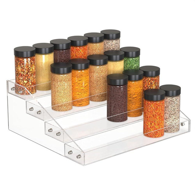4 Tier Clear Spice Rack Organizer for Cabinet, Acrylic Display Riser Shelf Seasoning Organizer for Countertop Pantry Cupboard, Transparent Storage Holder for Kitchen Condiment Jar Spice Container