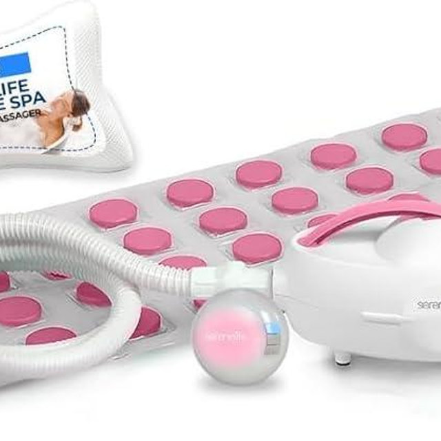 SereneLife Bubble Bath Mat - Portable Spa Bubble Bath Massager with Waterproof Bath Light & Pillow, Adjustable Bubble Intensity, Easy Button Control, Remote Control (Pink)