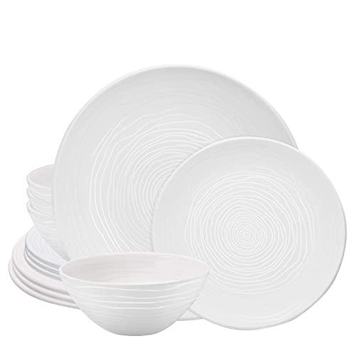 bzyoo BPA-Free Dishwasher Safe 100% Melamine Lightweight Designed Plate & Bowl Set Best for Indoor and Outdoor Party (12 PCS Dinnerware set, Service for 4, Organica White)