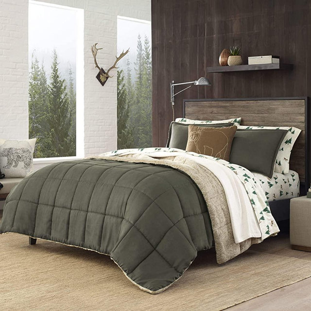 Eddie Bauer Home | Sherwood Collection | Comforter Set-Ultra Soft and Cozy, Sherpa Reversible Bedding with Matching Sham(s), Queen, Green