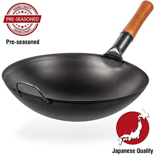 Pre-Seasoned Carbon Steel Wok Pan - 14 “ Woks and Stir Fry Pans - Chinese Wok with Round Bottom Nonstick Wok - Traditional Japanese Non-Rusting Woks - Black Steel Wok