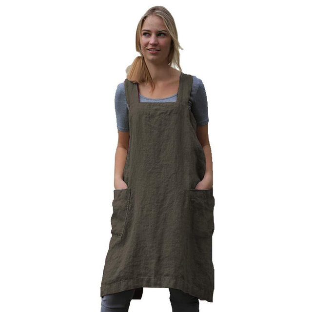 Women’s Pinafore Square Apron Baking Cooking Gardening Works Cross Back Cotton/Linen Blend Dress with 2 Pockets