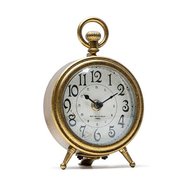 NIKKY HOME Metal Small Vintage Table Clock Decorative with Pocket Watch Shape Distressed Gold Finish