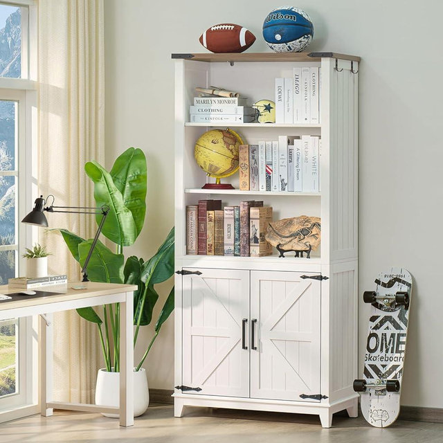 Joaxswe 5 Tier Bookshelf 70in Tall Bookcase with Barn Doors and Storage Cabinet, White Farmhouse Book Shelf with Adjustable Shelves, Wood Freestanding Display Bookshelves for Bedroom, Living Room