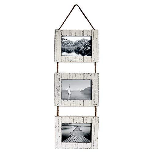 Barnyard Designs Rustic Farmhouse Distressed Picture Frames - Vertical White Wood Photo Frame Display - 3 5” x 7” Frame Set on Hanging Rope 27” x 9.5"