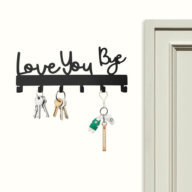 Love You Bye Sign Key Holder Hook Wall Mounted Key Holder Rack Organizer Hanger with 6 Hooks for Wall Express Love Art Decor for Entryway Front Door Kitchen Hallway Office (Love You Bye)