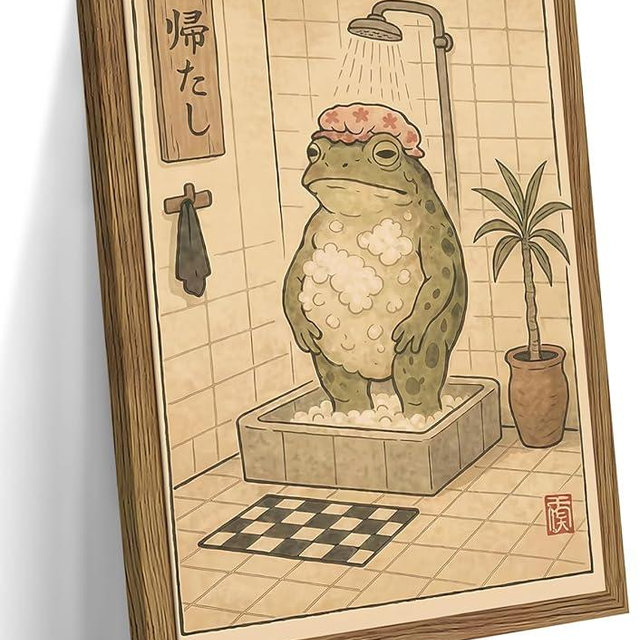 Framed Vintage Frog Bathroom Wall Art, Funny Cute Green Frog in Bubble Bath Canvas Prints, Japanese-Style Retro Cartoon Animal Artwork, Whimsical Wall Decor for Dorm Apartment Toilet 12x16in