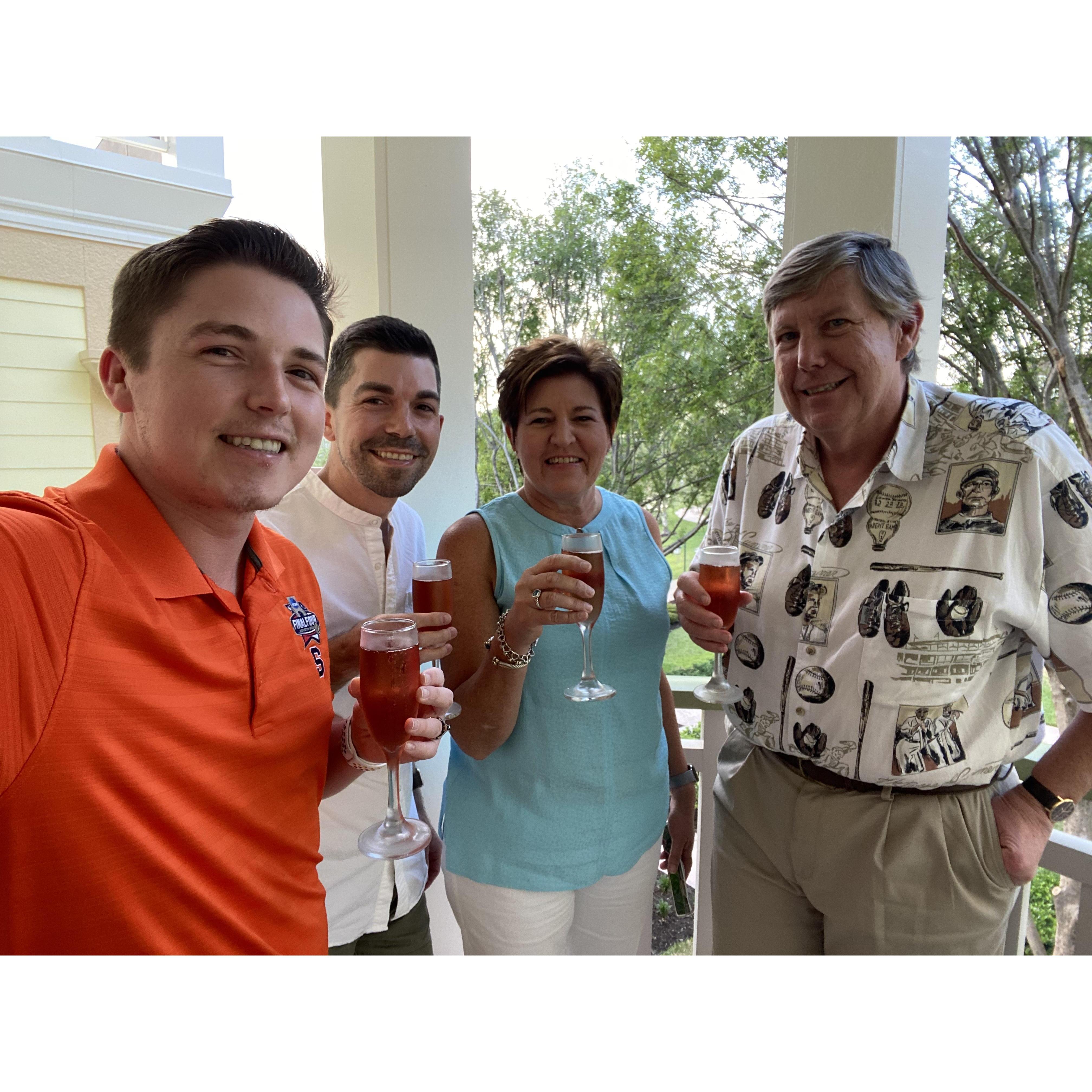 Jacob & Bradley celebrating engagement with Jacob's parents, Vicki and Craig