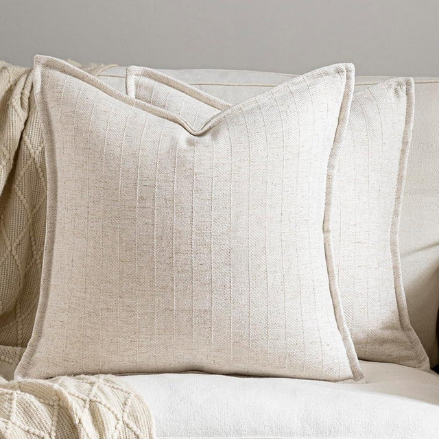 DEZENE 26x26 Linen Euro Sham Pillow Covers Beige Pack of 2 Farmhouse Boho Neutral Accents Striped Textured Square Decorative Throw Pillow Cases for Living Room Couch Bed Home Decor