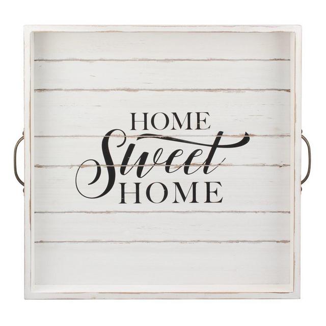 Stonebriar Square Worn White "Home Sweet Home" Wooden Serving Tray with Metal Handles