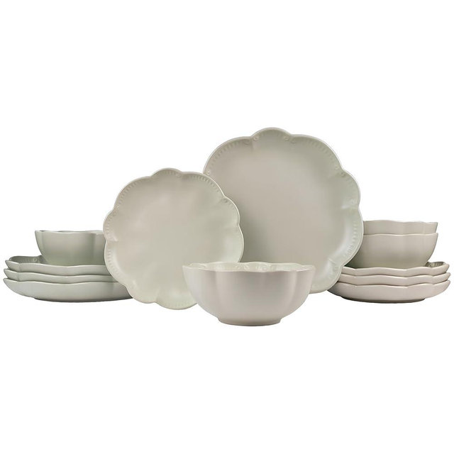 Sango 12 Pieces Scalloped Dinnerware Set, Sage Green Dishes for 4, Premium Serving Plates & Bowls Sets, Chip & Scratch Resistant, Ceramic Dishware, Kitchen Dish, Microwave & Dishwasher Safe, Bethany