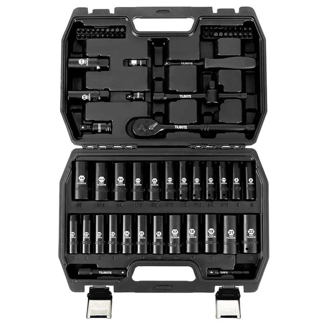 TILIBOTE 3/8" Impact Socket Set,74pcs Drive 6-Point Deep Socket Wrench Set With 72 Tooth Count Ratchet, Standard SAE 5/16" - 7/8" & Metric 8mm - 22mm,Socket Set For Home Use And Automotive Repair.