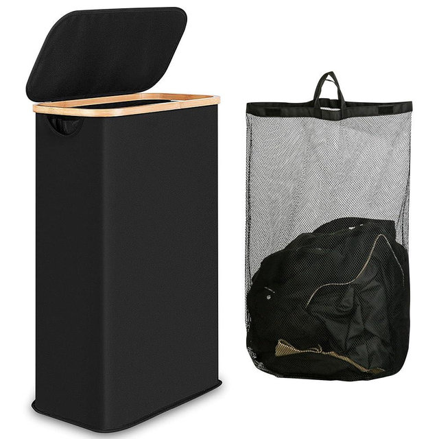 iEGrow 60L Slim Laundry Hamper, Narrow Laundry Basket with Lid,Foldable Clothes Hamper with Bamboo Handles,Hamper Basket with Removable Inner Bag for Laundry Room Bedroom College Dorm,Black