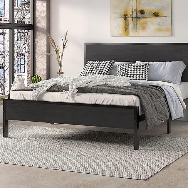 SHA CERLIN Queen Bed Frame with Headboard, Heavy Duty Platform Bed with 12" Under-Bed Storage, Solid Wood & Metal Construction, No Box Spring Needed, Easy Assembly, Black Oak