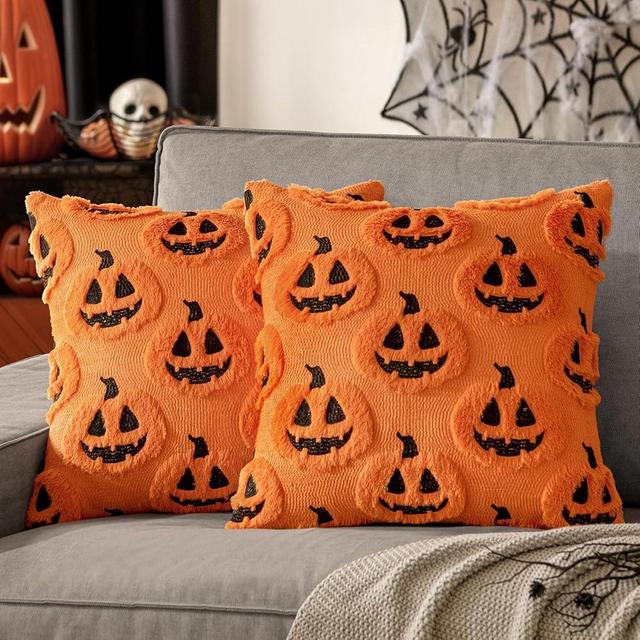 MIULEE Fall Halloween Throw Pillow Covers 18x18 Decorative Pumpkin Pattern Pillowcases Soft Plush Faux Wool Cushions for Home Patio Sofa Couch,Orange-Black