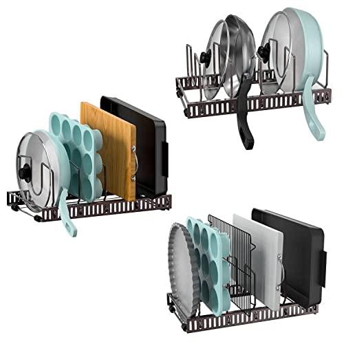 (3 Set) Puricon Pot Rack Pan Lid Organizer with 15 Adjustable Dividers, Pot Lid Skillet Griddle Cutting Board Baking Pan Holder, Cookware Rack for Kitchen Cabinet Cupboard Pantry Storage -Bronze