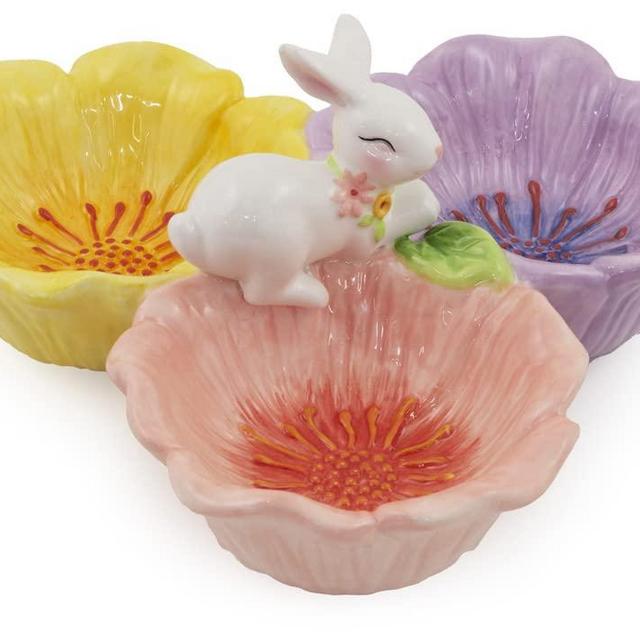 Boston International Easter Ceramic Serving Tri-Bowl, 8 x 4-Inches, Floral Bunny