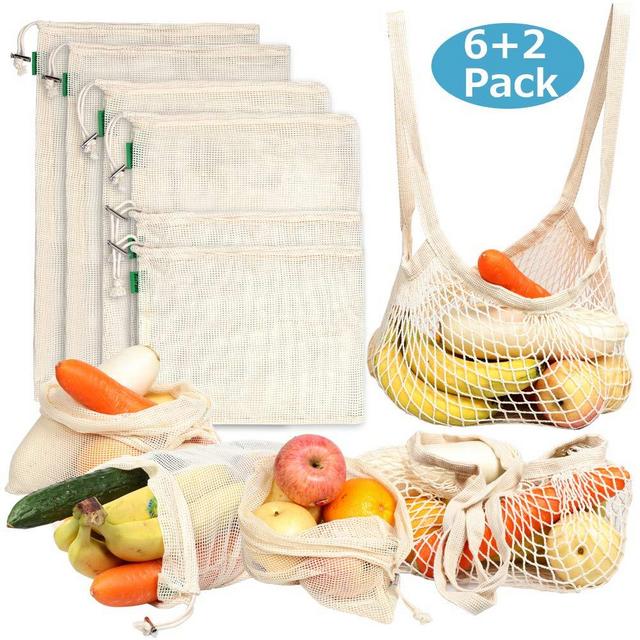 Reusable Produce Bags【GOTS, FDA Certified】Natural Organic Cotton Washable Eco-Friendly Mesh Food Bags set of 8 for Grocery Shopping Storage Fruit, Vegetables, Toys (2 Handbag,2xS,2xM,2xL)