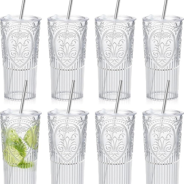 Acellegic 8 Set 20oz Vintage Plastic Tumbler with Lids and Straws Ribbed Floral Drinking Glasses Reusable Iced Coffee Cups for Water Juice Smoothie Cocktail Daily Use Travel Party Events Gift (Clear)