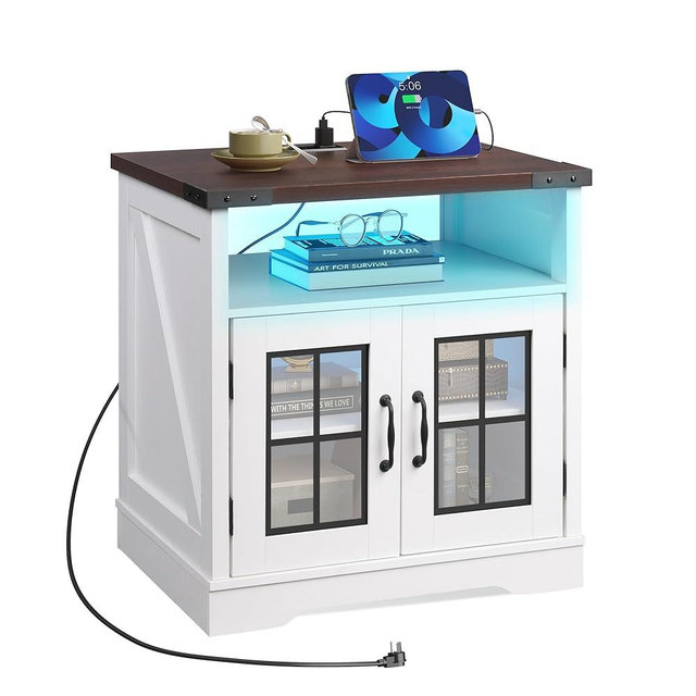 WLIVE Farmhouse End Table, 24" Side Table with Charging Station, LED Farmhouse Nightstand with Adjustable Storage Shelf for Living Room, Bedroom, Office, Rustic Wood Bedside Table, Espresso