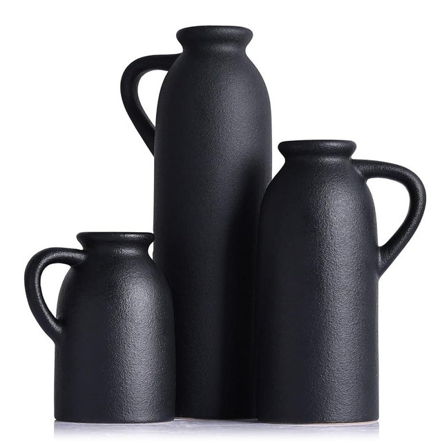 Black Ceramic Vase Set - 3 Small Matte Black Jug Vases, Farmhouse Country Flower Vase Home Decor, Living Room Decoration, Table Decoration, Fireplace Decor, and Entrance Decorations Centerpieces