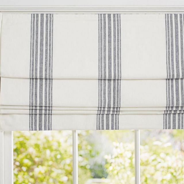 Riviera Striped Linen/Cotton Cordless Roman Shade, 26 x 64", Charcoal