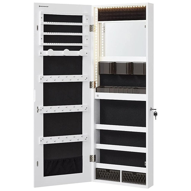 SONGMICS Mirror Jewelry Cabinet Armoire Organizer, Wall/Door Mount Storage Cabinet with Full-Length Frameless Lighted Mirror, Built-in Makeup Mirror, 2 Drawers, Lockable, White UJJC013W01