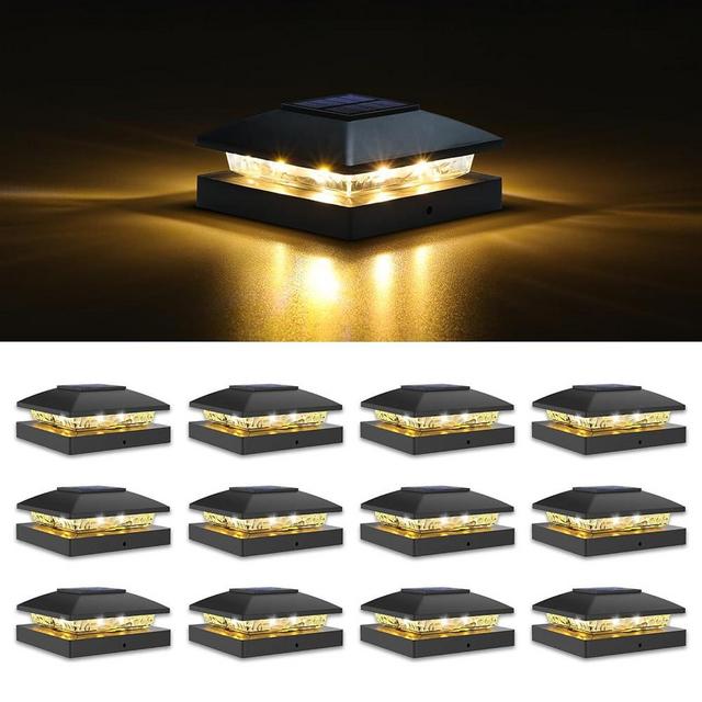 VOLISUN 4x4 Solar Post Cap Light 12pack,Solar Fence - Post Lights Outdoor Waterproof for Wooden/Vinyl Post,Black Deck Post Cap Light Solar Powered with Warm White for Garden/Patio/Porch